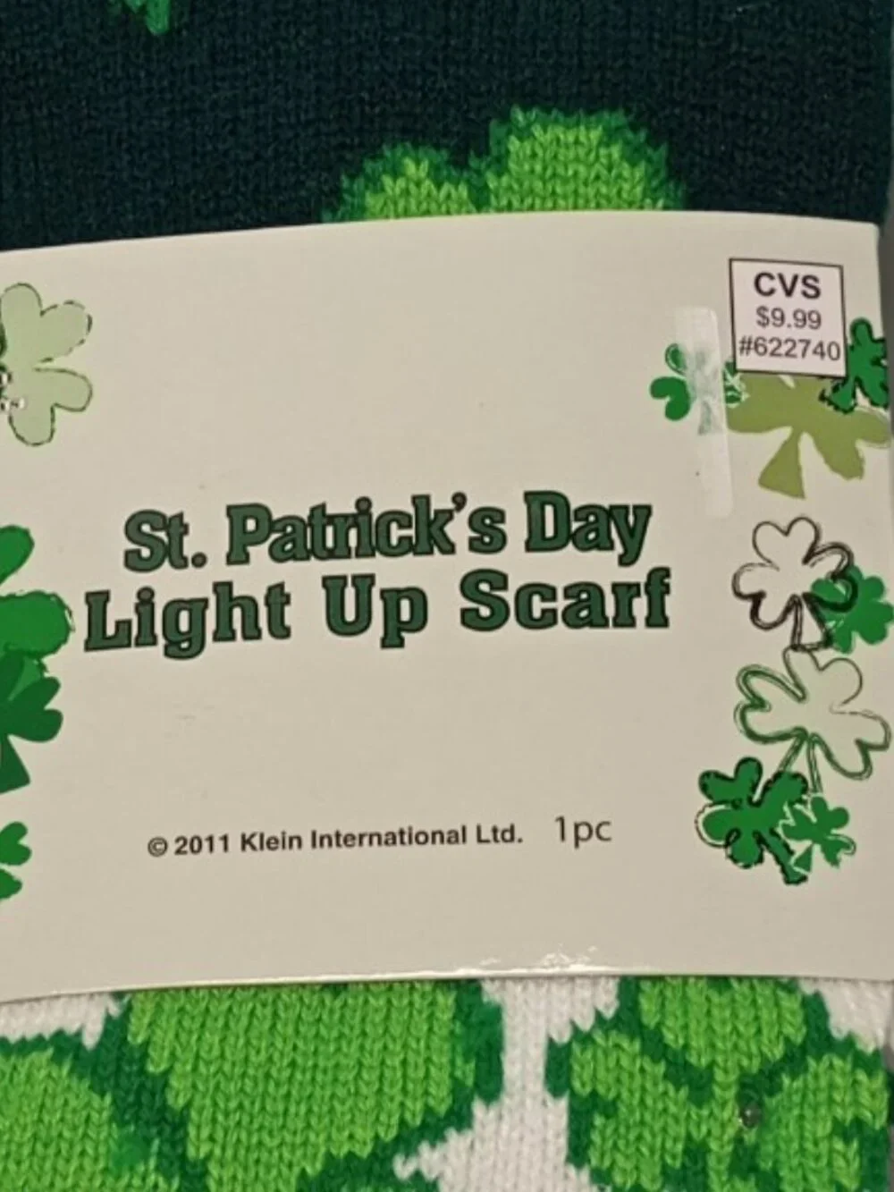 St. Patrick's Day Light Up Scarf & Pom-Pom Beanie Cap Set Shamrock Clover NWT